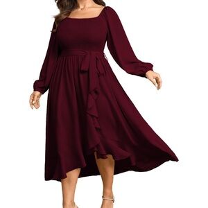Elegant Deep Red Long Sleeve Dress